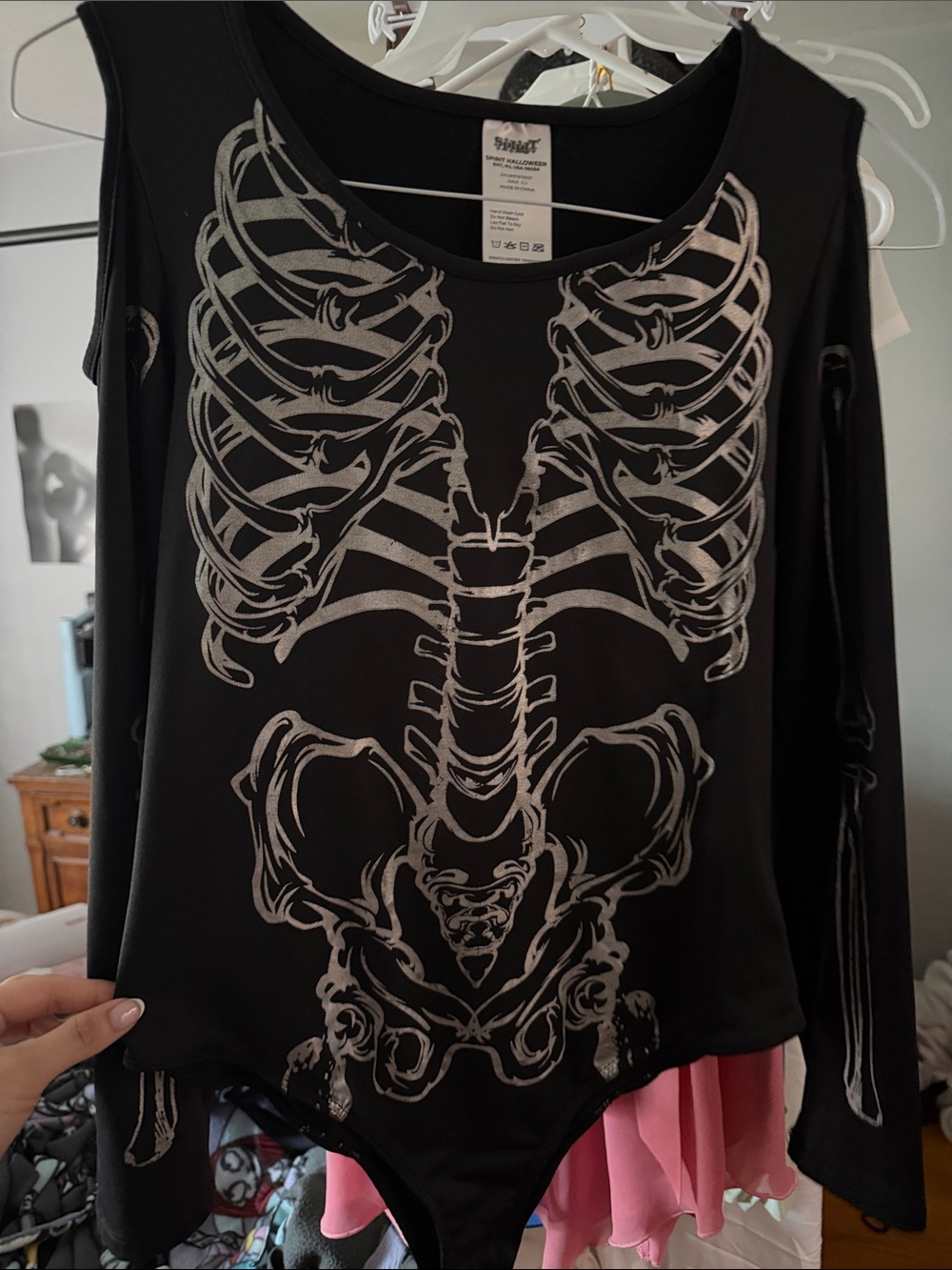 Spirit Black Skeleton Ribcage Cold-Shoulder Bodysuit